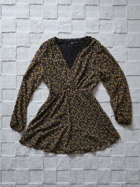 Zara Sheer Floral Long Sleeve Mini Dress with Yellow & Blue Accents